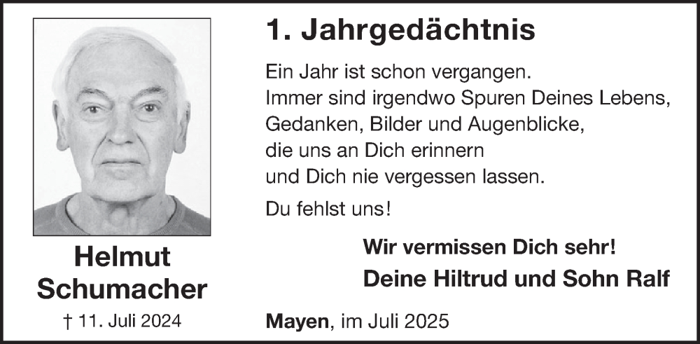  Traueranzeige für Helmut Schumacher vom 09.07.2025 aus WochenSpiegel