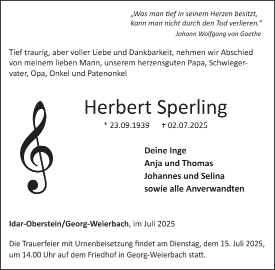 Traueranzeige von Herbert Sperling von WochenSpiegel