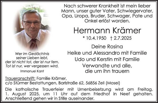 Traueranzeige von Hermann Krämer von WochenSpiegel
