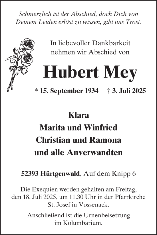 Traueranzeige von Hubert Mey von WochenSpiegel
