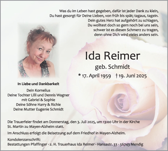 Traueranzeige von Ida Reimer von WochenSpiegel