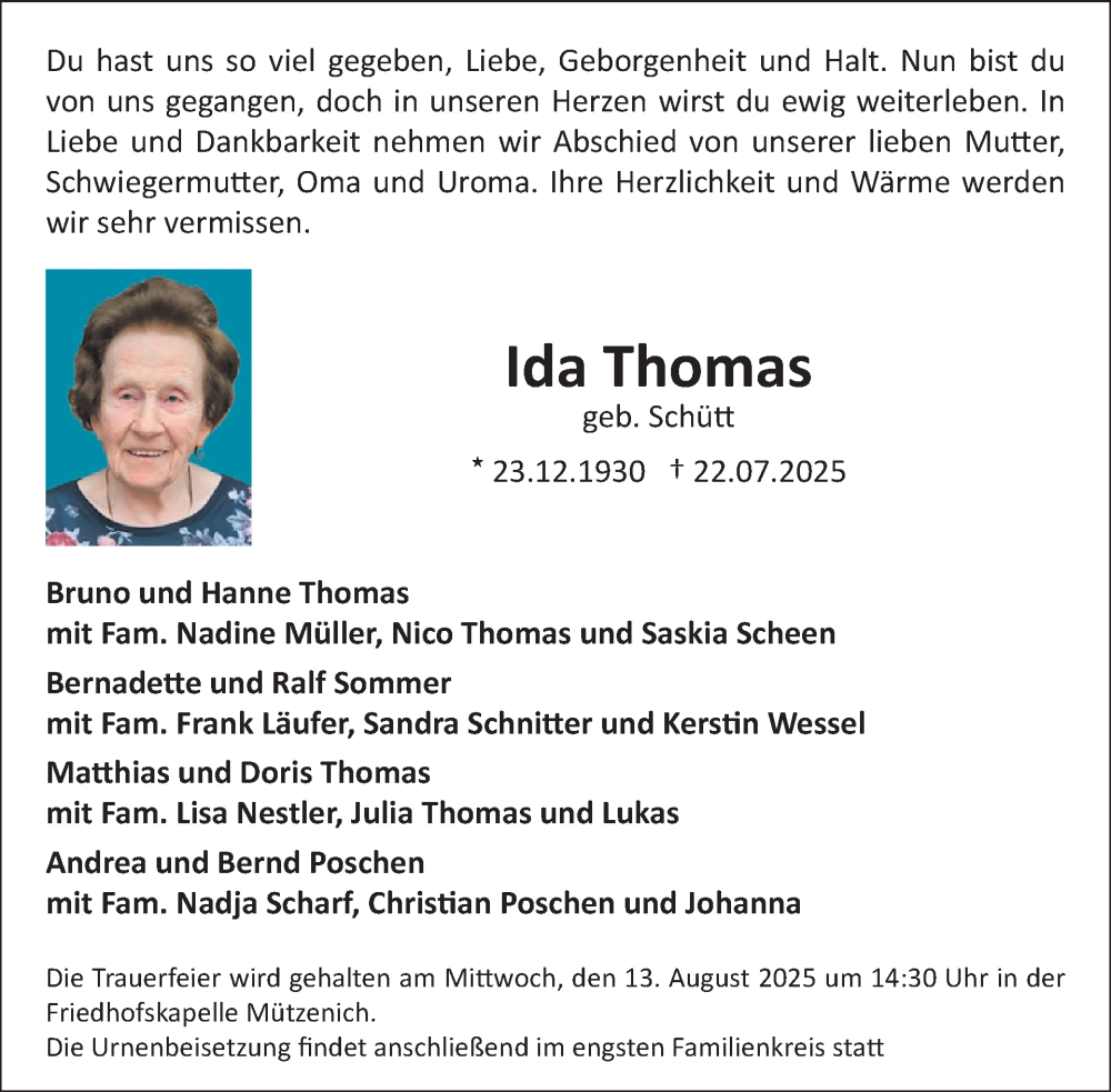  Traueranzeige für Ida Thomas vom 30.07.2025 aus WochenSpiegel