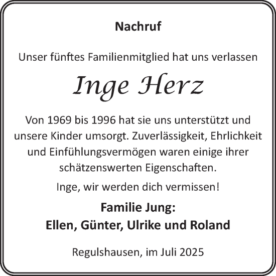 Traueranzeige von Inge Herz von WochenSpiegel