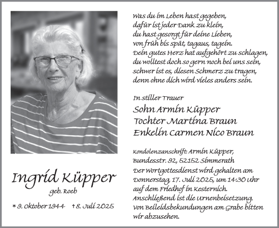 Traueranzeige von Ingrid Küpper von WochenSpiegel