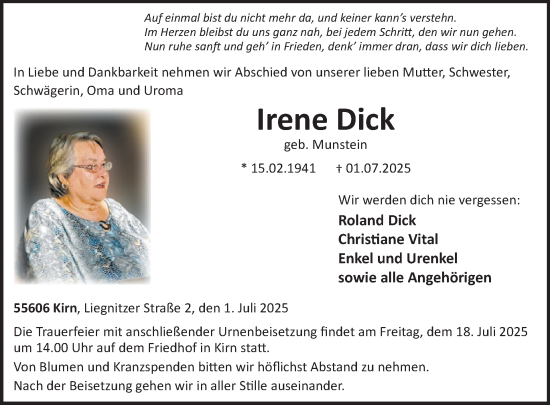 Traueranzeige von Irene Dick von WochenSpiegel