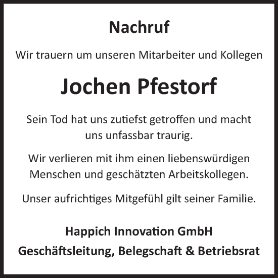 Traueranzeige von Jochen Pfestorf von WochenSpiegel