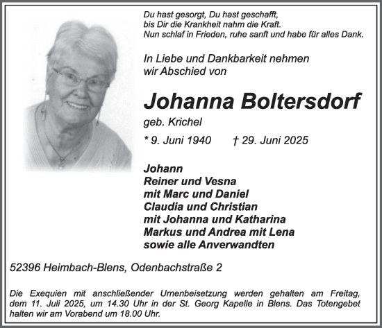 Traueranzeige von Johanna Boltersdorf von WochenSpiegel