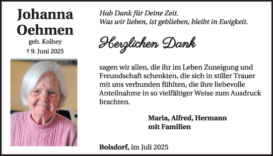 Traueranzeige von Johanna Oehmen von WochenSpiegel