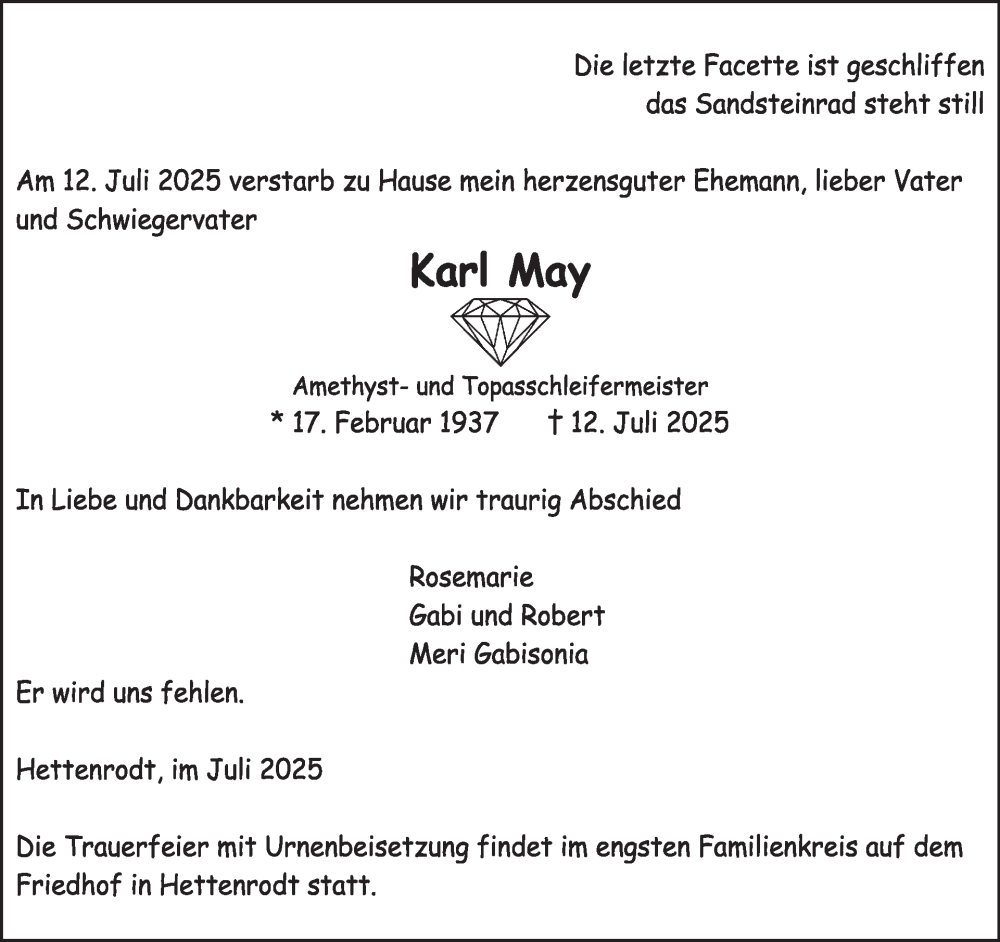  Traueranzeige für Karl May vom 26.07.2025 aus WochenSpiegel