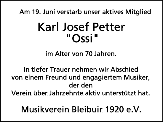 Traueranzeige von Karl Josef Petter von WochenSpiegel