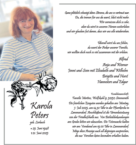 Traueranzeige von Karola Peters von WochenSpiegel