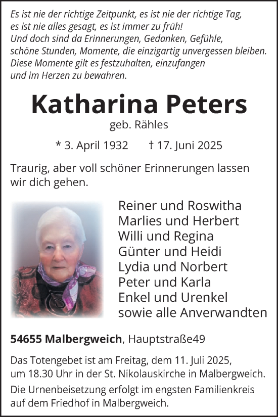 Traueranzeige von Katharina Peters von WochenSpiegel