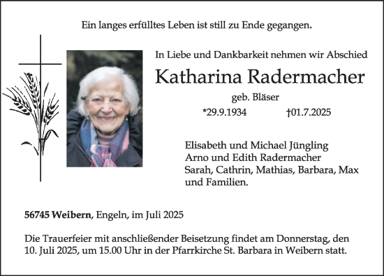 Traueranzeige von Katharina Radermacher von WochenSpiegel