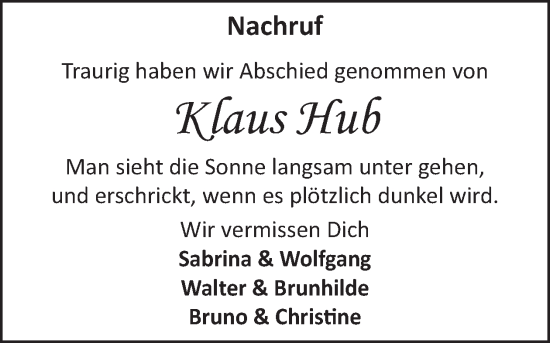 Traueranzeige von Klaus Hub von WochenSpiegel