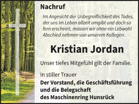Traueranzeige von Kristian Jordan von WochenSpiegel