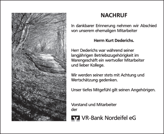 Traueranzeige von Kurt Dederichs von WochenSpiegel