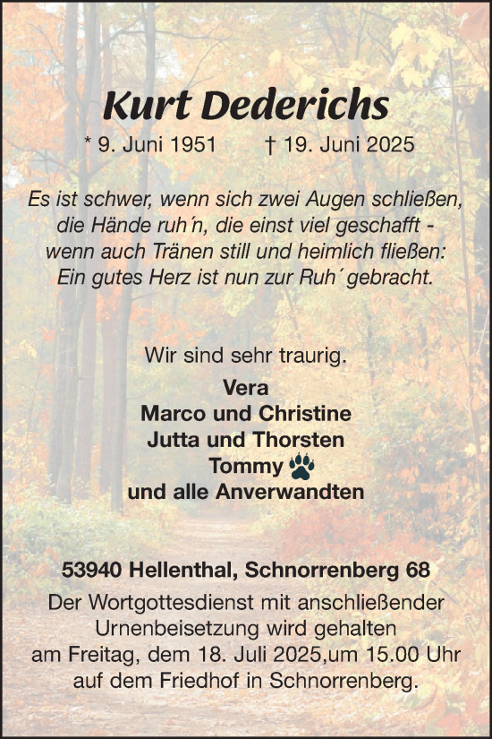 Traueranzeige von Kurt Dederichs von WochenSpiegel