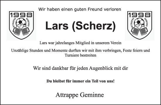 Traueranzeige von Lars  von WochenSpiegel