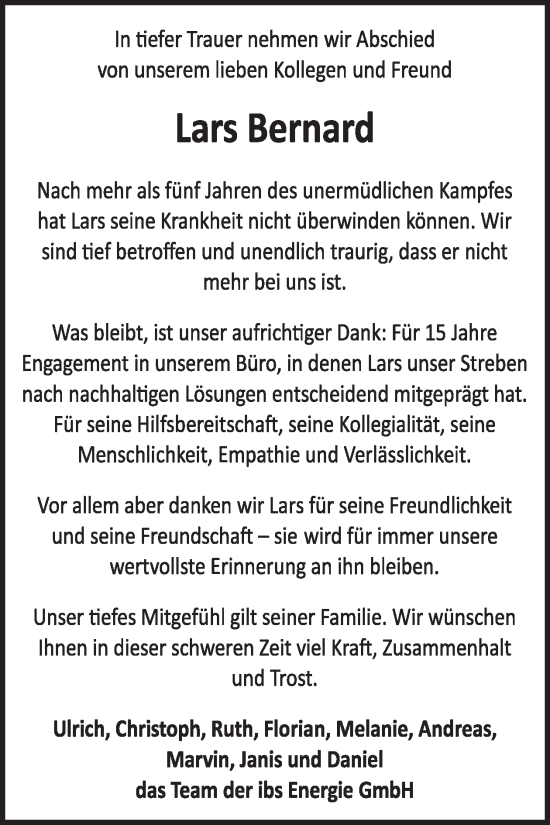Traueranzeige von Lars Bernard von WochenSpiegel