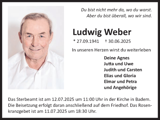 Traueranzeige von Ludwig Weber von WochenSpiegel