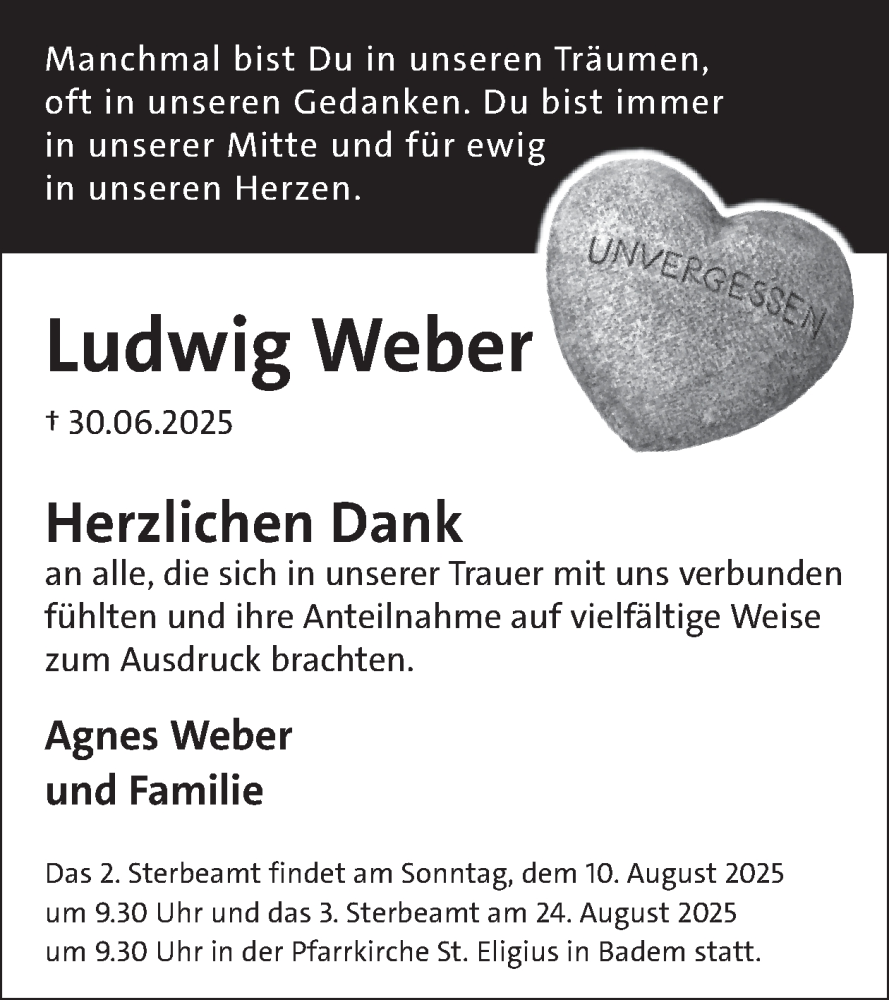  Traueranzeige für Ludwig Weber vom 01.08.2025 aus WochenSpiegel