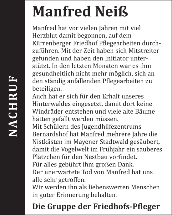 Traueranzeige von Manfred Neiß von WochenSpiegel