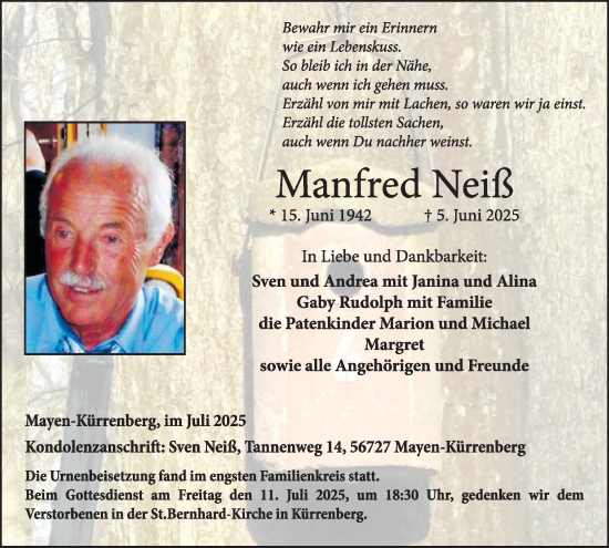 Traueranzeige von Manfred Neiß von WochenSpiegel