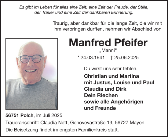Traueranzeige von Manfred Pfeifer von WochenSpiegel