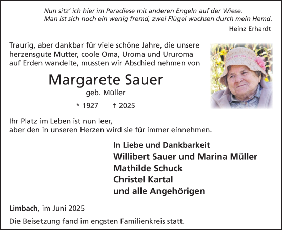 Traueranzeige von Margarete Sauer von WochenSpiegel