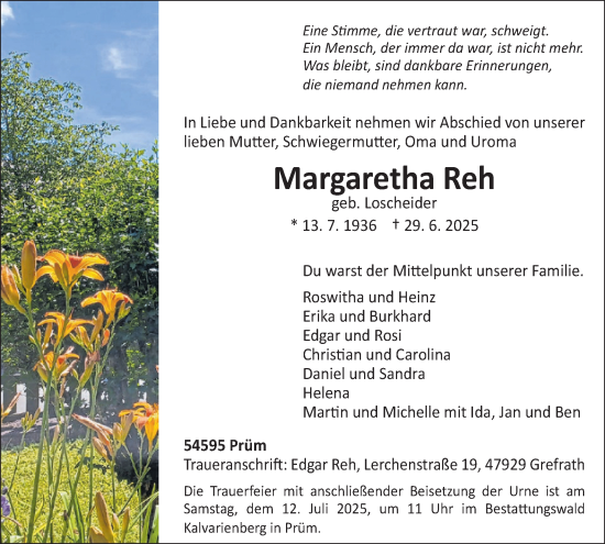 Traueranzeige von Margaretha Reh von WochenSpiegel