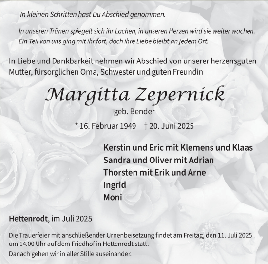Traueranzeige von Margitta Zepernick von WochenSpiegel