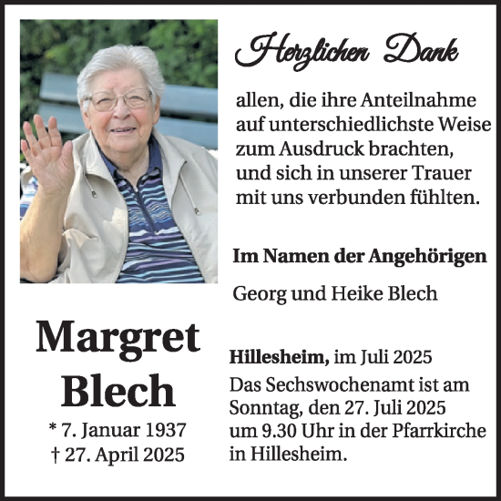 Traueranzeige von Margret Blech von WochenSpiegel