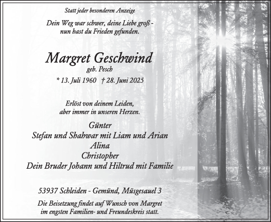 Traueranzeige von Margret Geschwind von WochenSpiegel
