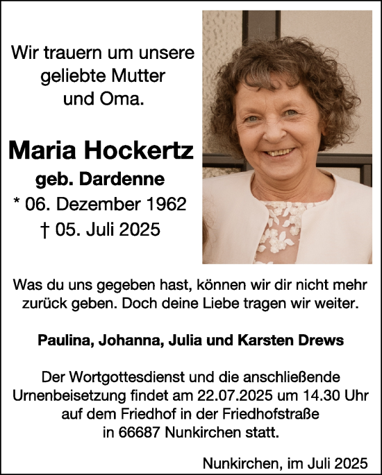 Traueranzeige von Maria Hockertz von WochenSpiegel