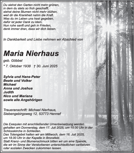Traueranzeige von Maria Nierhaus von WochenSpiegel