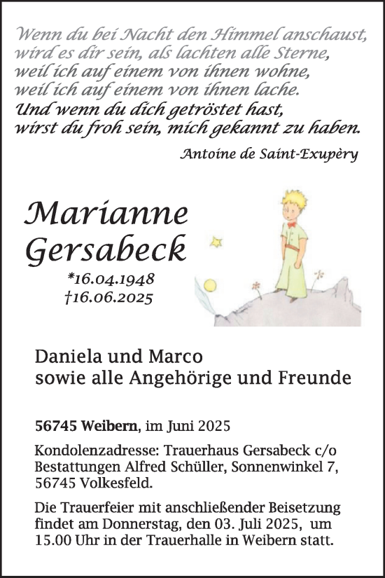 Traueranzeige von Marianne Gersabeck von WochenSpiegel