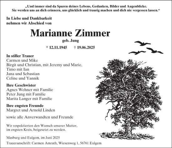 Traueranzeige von Marianne Zimmer von WochenSpiegel