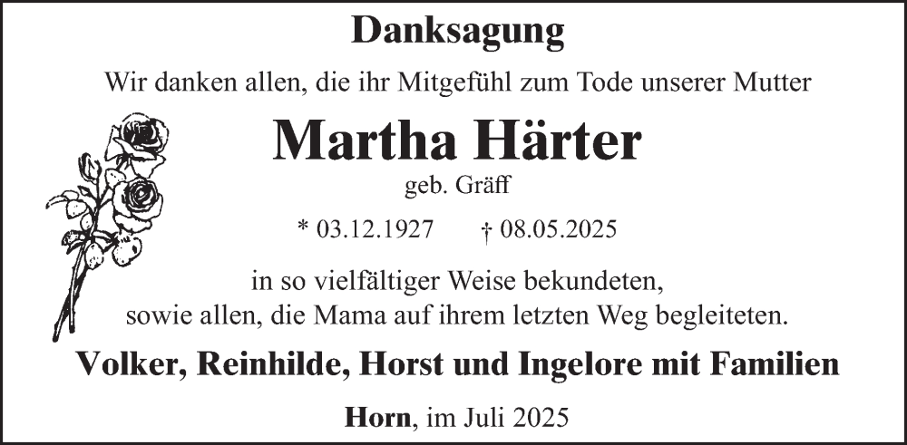  Traueranzeige für Martha Härter vom 19.07.2025 aus WochenSpiegel