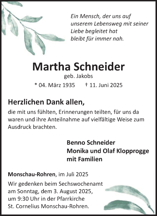 Traueranzeige von Martha Schneider von WochenSpiegel