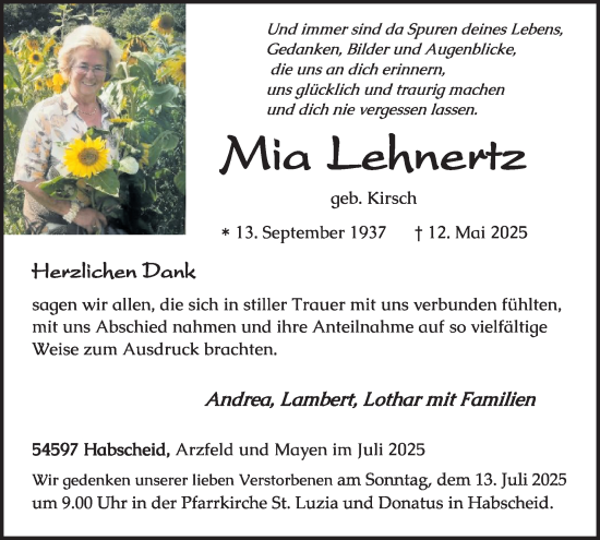 Traueranzeige von Mia Lehnertz von WochenSpiegel