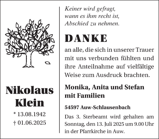 Traueranzeige von Nikolaus Klein von WochenSpiegel
