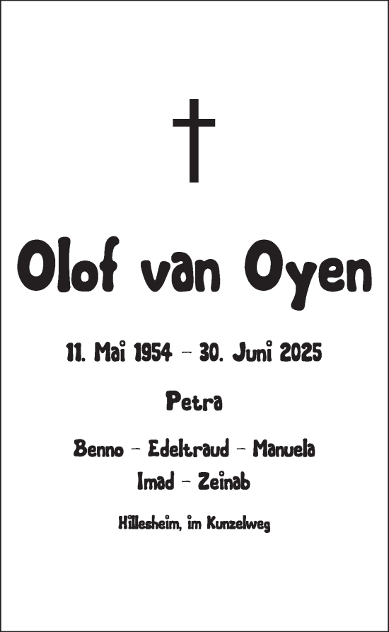 Traueranzeige von Olof van Oyen von WochenSpiegel