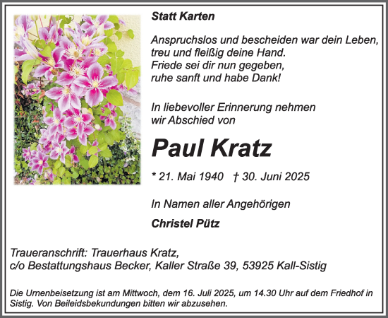 Traueranzeige von Paul Kratz von WochenSpiegel