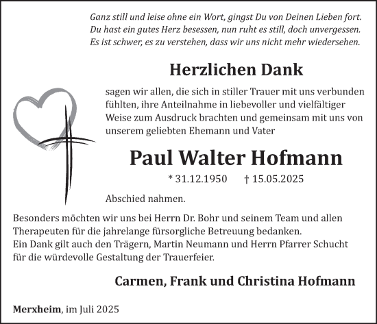 Traueranzeige von Paul Walter Hofmann von WochenSpiegel