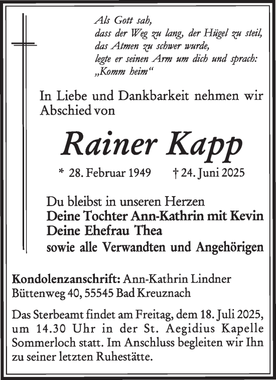 Traueranzeige von Rainer Kapp von WochenSpiegel
