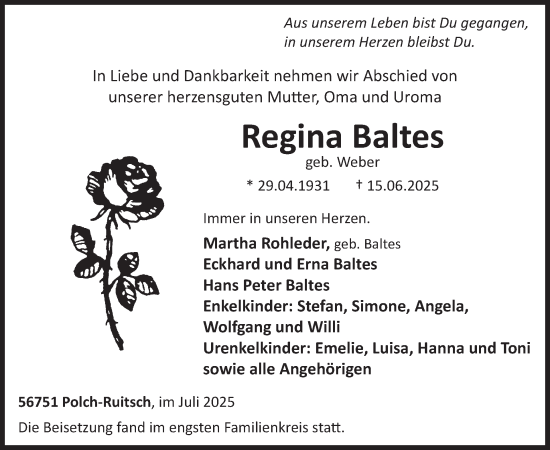 Traueranzeige von Regina Baltes von WochenSpiegel