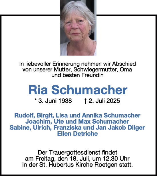 Traueranzeige von Ria Schumacher von WochenSpiegel