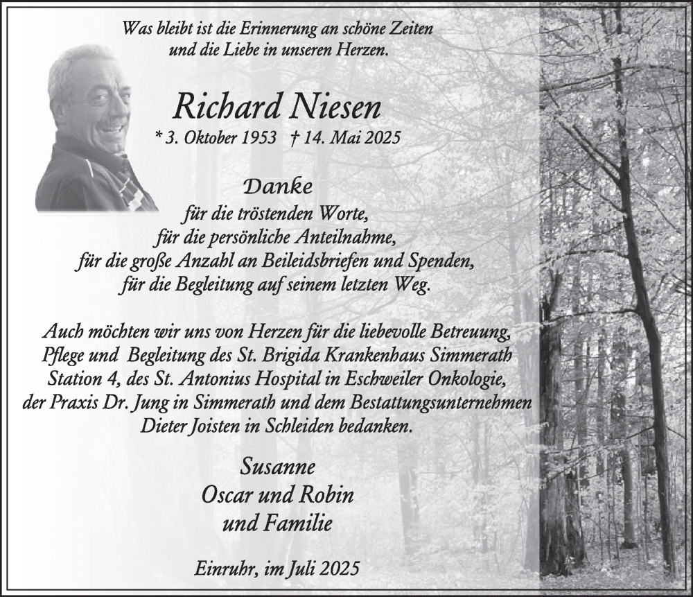 Traueranzeige für Richard Niesen vom 02.07.2025 aus WochenSpiegel