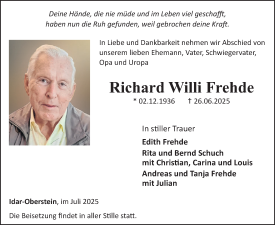Traueranzeige von Richard Willi Frehde von WochenSpiegel