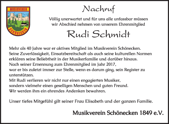 Traueranzeige von Rudi Schmidt von WochenSpiegel